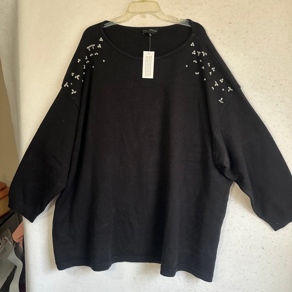Susan Graver Black Rhinestone Embellished Knit Sweater 3/4 Sleeve Plus 5X New - Picture 2 of 8
